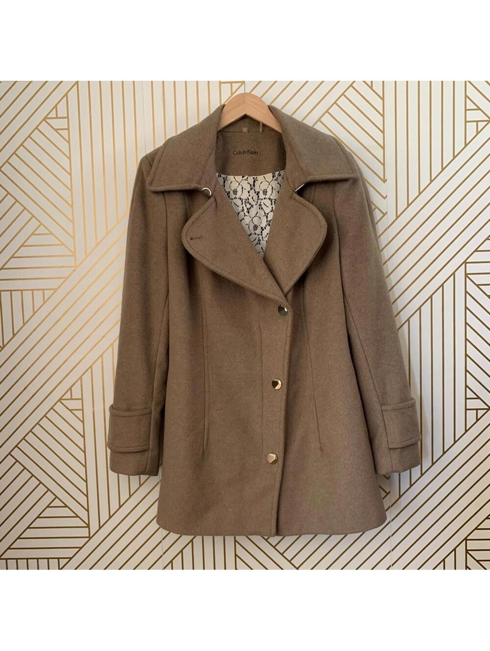 Calvin Klein Wool Asymmetrical peacoat gold buttons jacket pea coat camel tan 12